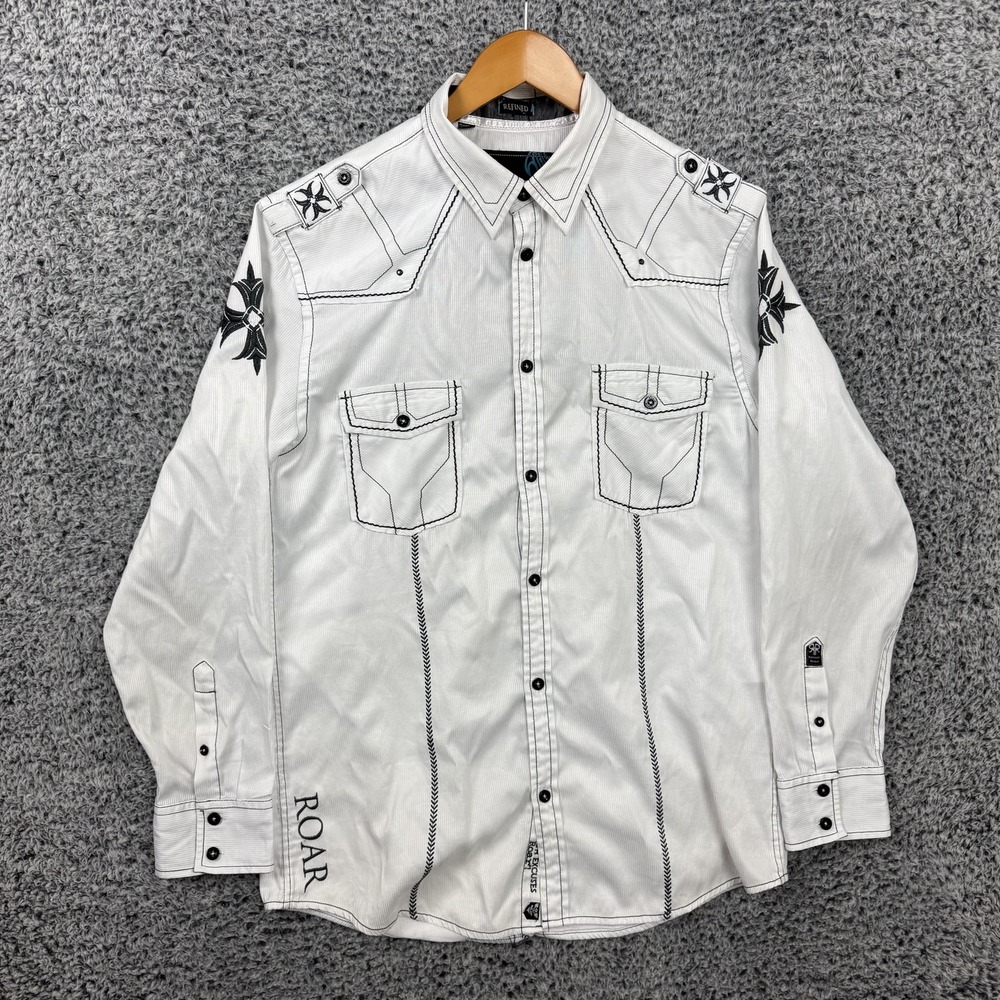 Roar Shirt Mens XL White Stripe Embroidered Cross Rockabilly Western Button Up